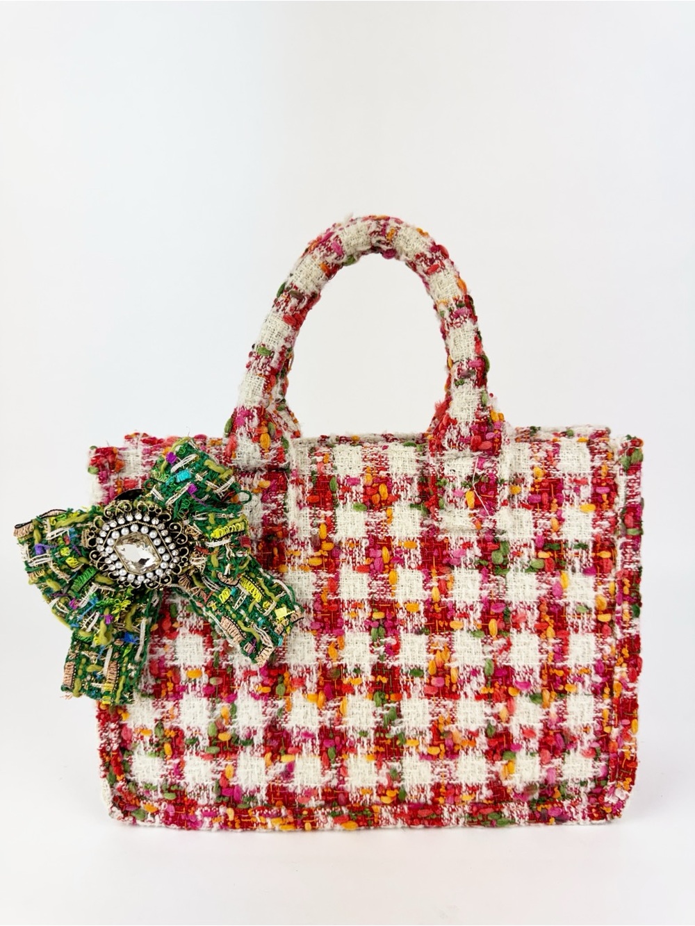 Unbranded Tweed Top Handle Tote NWT Crossbody Strap with Ribbon Pin